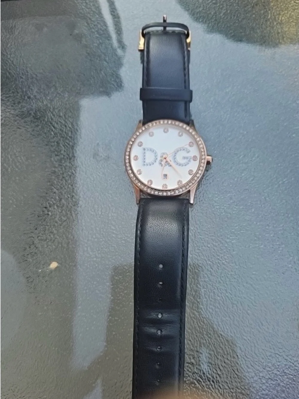 Dolce & Gabbana Black Leather Strap Watch with Rose Gold Case and Crystal Logo